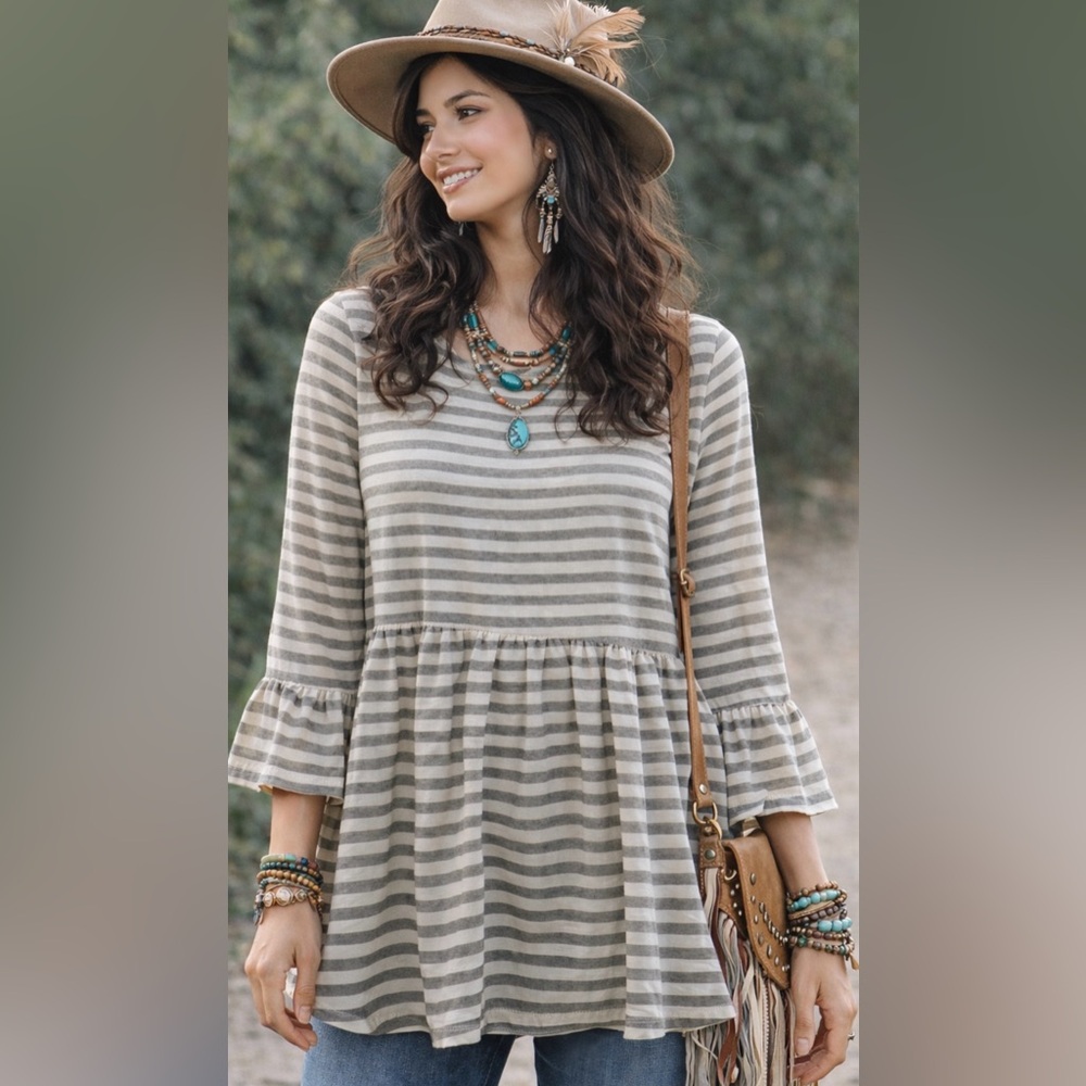 POL Cotton Gray Striped Tunic Top- Large